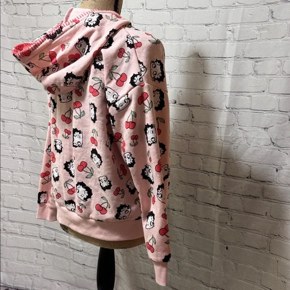 Betty Boop Fleischer Pink Zip Hoodie with Cartoon and Cherry Print front pockets - Picture 5 of 8